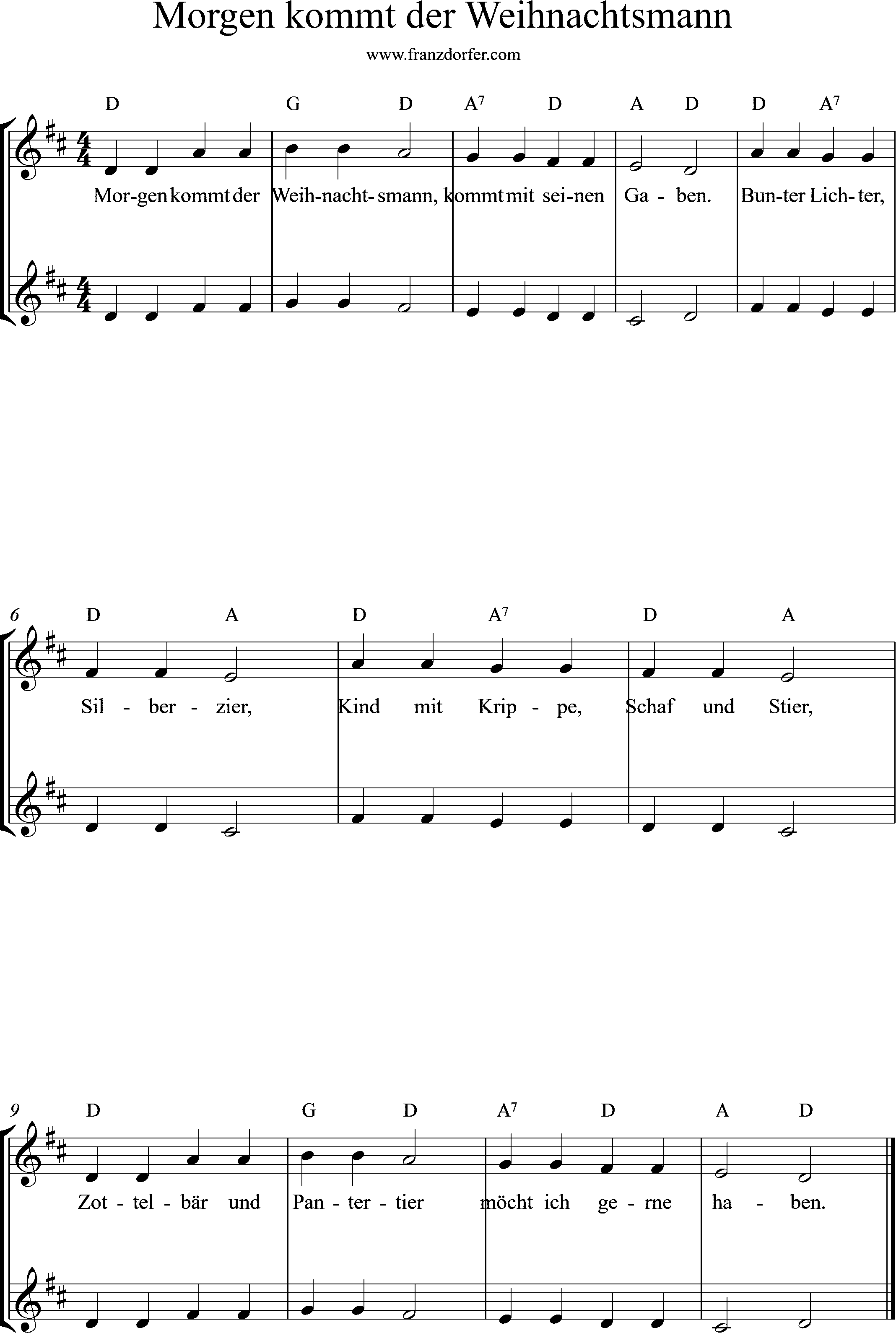 Geigennoten, Violine, D-Dur, Morgen kommt der Weihnachtsmann